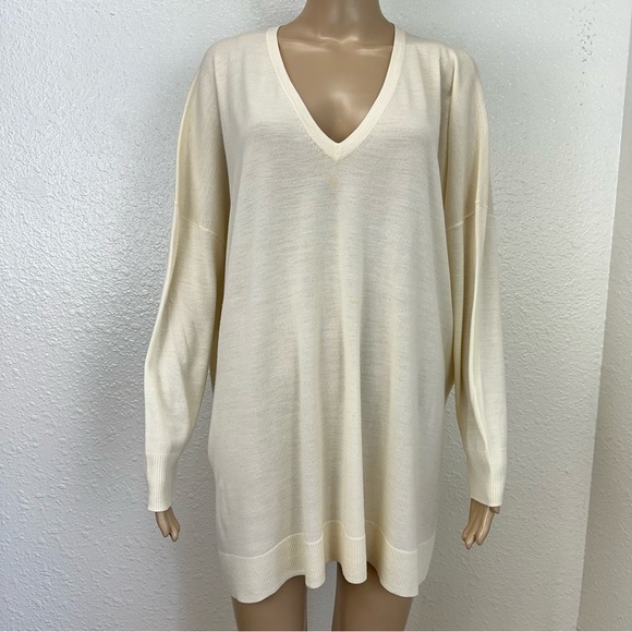 Margaret O'Leary V Neck Merino Wool Knit Sweater  Oversized Staple Neutral  L - Picture 1 of 10